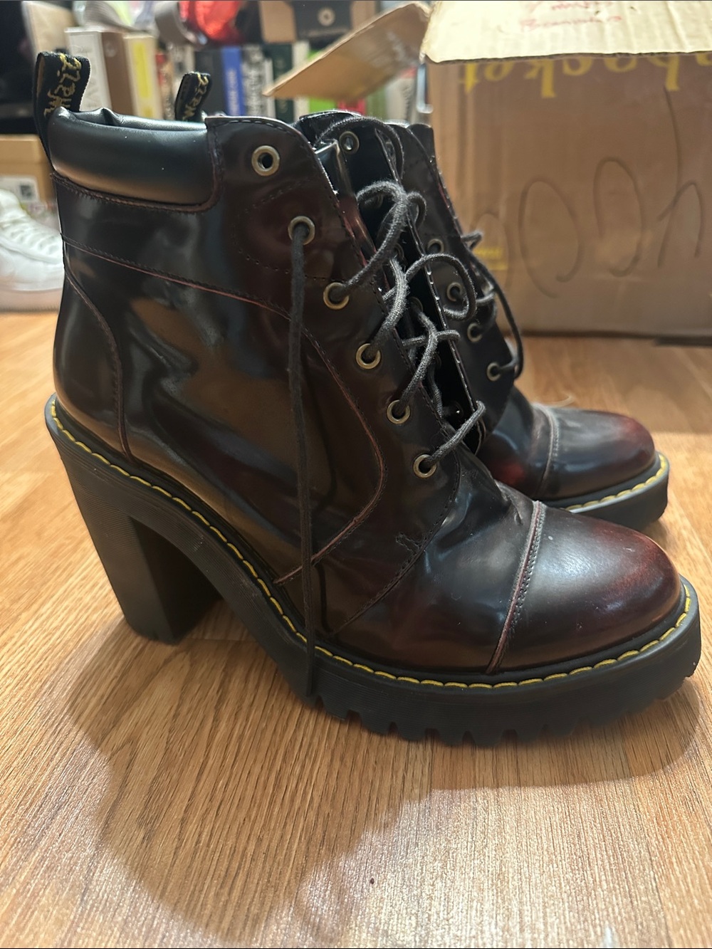 Doc Martens Lace-Up Heeled Combat Boots with Yellow Stitching